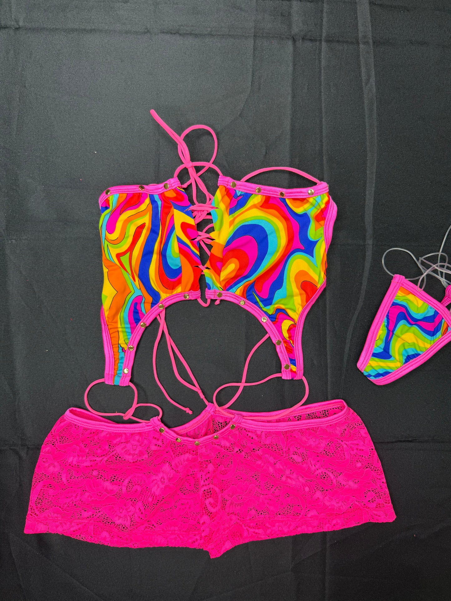Multi Color Print/Hot Pink Lace One-Piece Lingerie Outfit