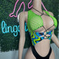 Neon Green Fishnet/Cosmic Blue/Yellow/Black Spandex One-Piece Romper Lingerie Outfit