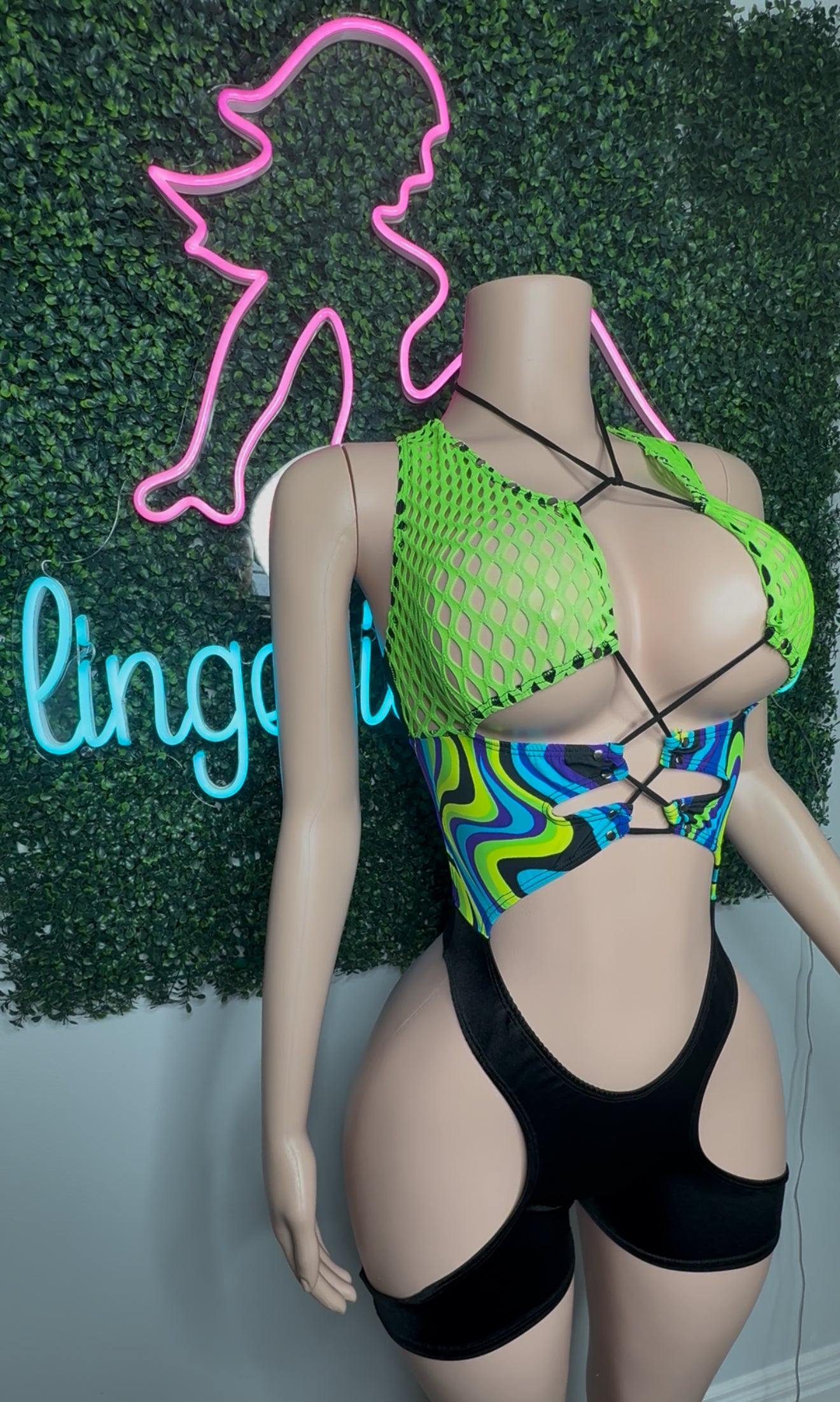 Neon Green Fishnet/Cosmic Blue/Yellow/Black Spandex One-Piece Romper Lingerie Outfit