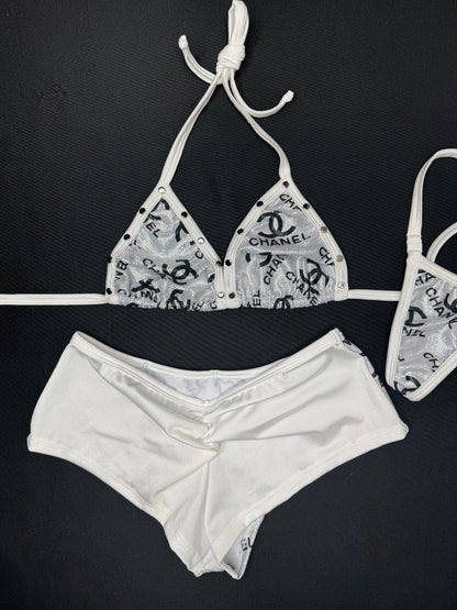 Designer Holographic Silver/White Spandex Bikini Top/Shorts Two-Piece Lingerie Outfit