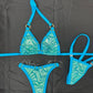 Metallic Baby Blue Spandex Two-Piece Bikini Lingerie Outfit