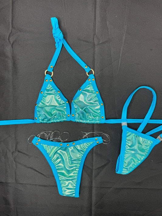 Metallic Baby Blue Spandex Two-Piece Bikini Lingerie Outfit