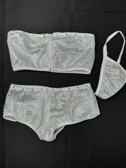 Metallic Silver/White Mesh Two-Piece Exotic Dancer Outfit