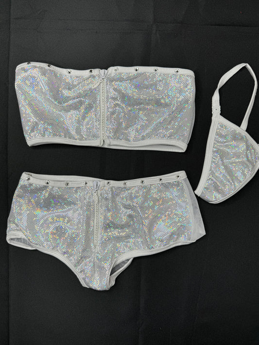 Metallic Silver/White Mesh Two-Piece Exotic Dancer Outfit