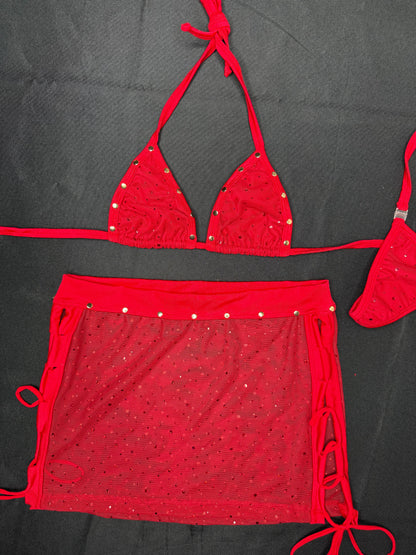 Red Mesh Bikini Top/Skirt Two-Piece Lingerie Outfit