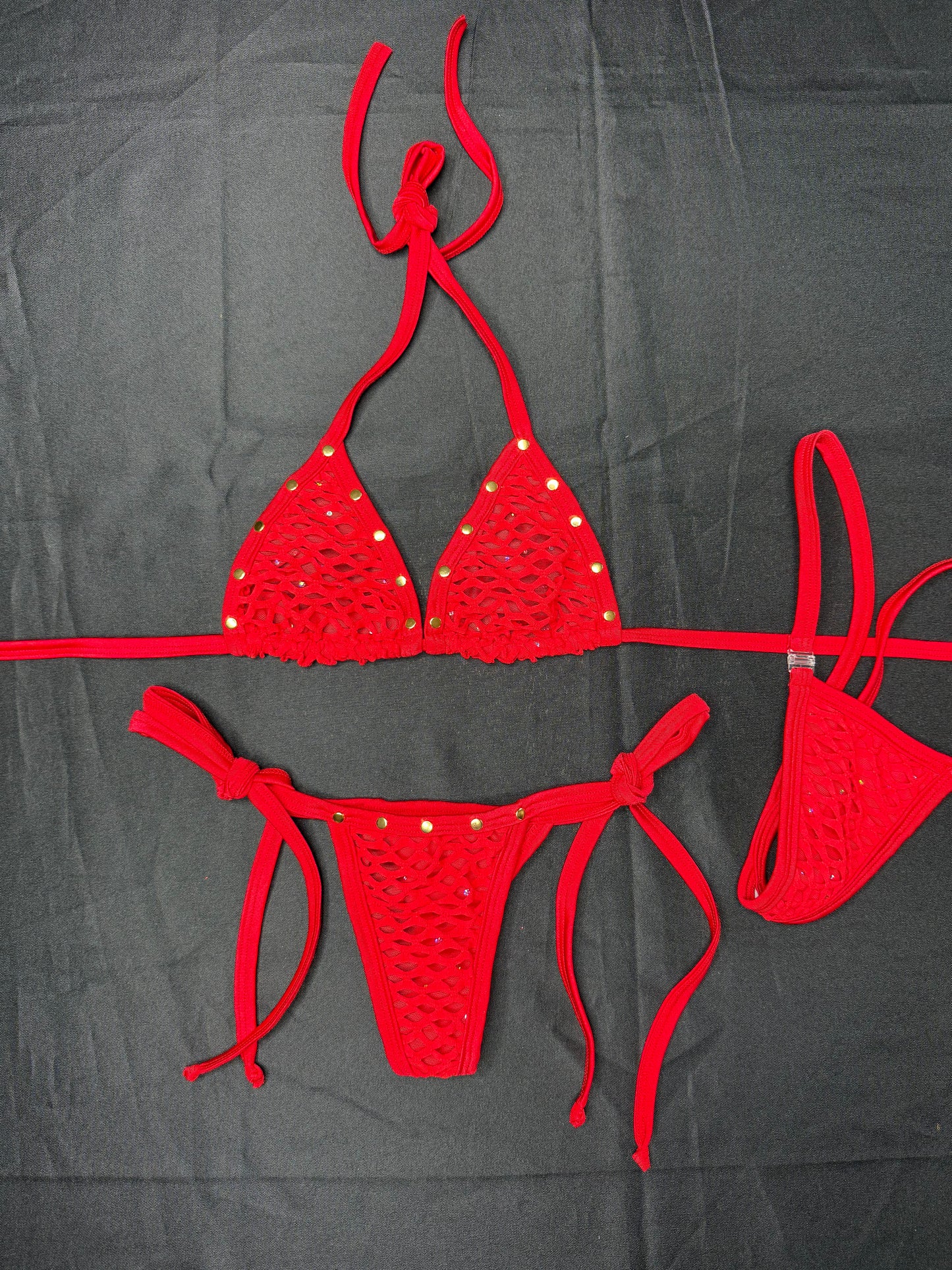Red Mesh/Fishnet Spandex Two-Piece Bikini Lingerie Outfit