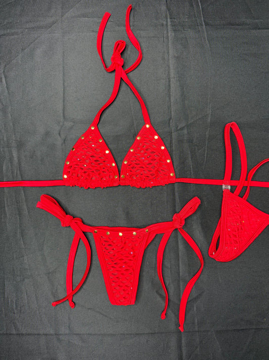 Red Mesh/Fishnet Spandex Two-Piece Bikini Lingerie Outfit