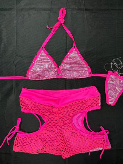 Metallic Hot Pink/Hot Pink Two-Piece Shorts Lingerie Outfit