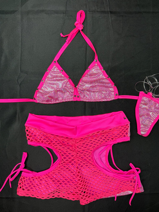 Metallic Hot Pink/Hot Pink Two-Piece Shorts Lingerie Outfit
