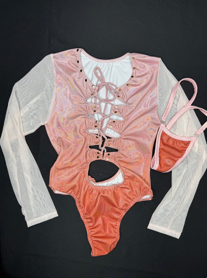 Metallic Ombré Leotard Long Sleeve One-Piece Lingerie Outfit