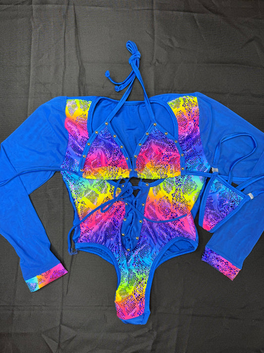 Rainbow Spandex/Royal Blue Mesh Leotard Lingerie Outfit