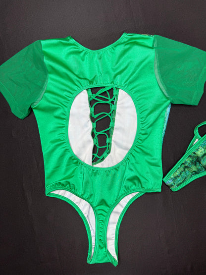 Green Animal Print Short Sleeve One-Piece Lingerie Outfit
