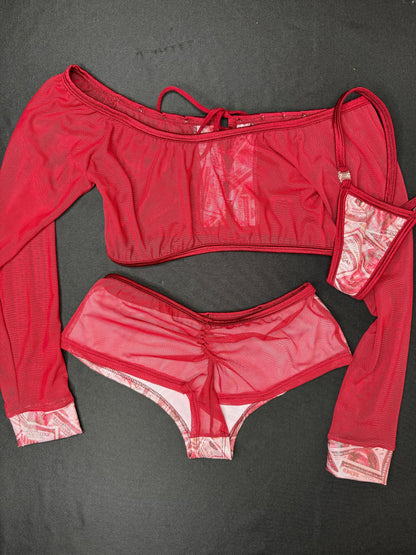 Burgundy Money Print/Mesh Two-Piece Lingerie Outfit