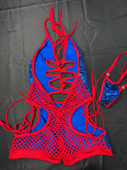 Royal Blue Web/Red Spandex Romper Lingerie Outfit
