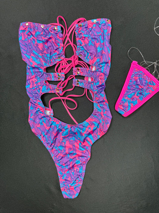 Purple/Blue Spandex One-Piece Lingerie Outfit
