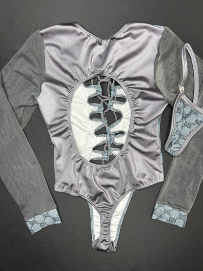 Designer Spandex/Charcoal Mesh One-Piece Leotard Outfit
