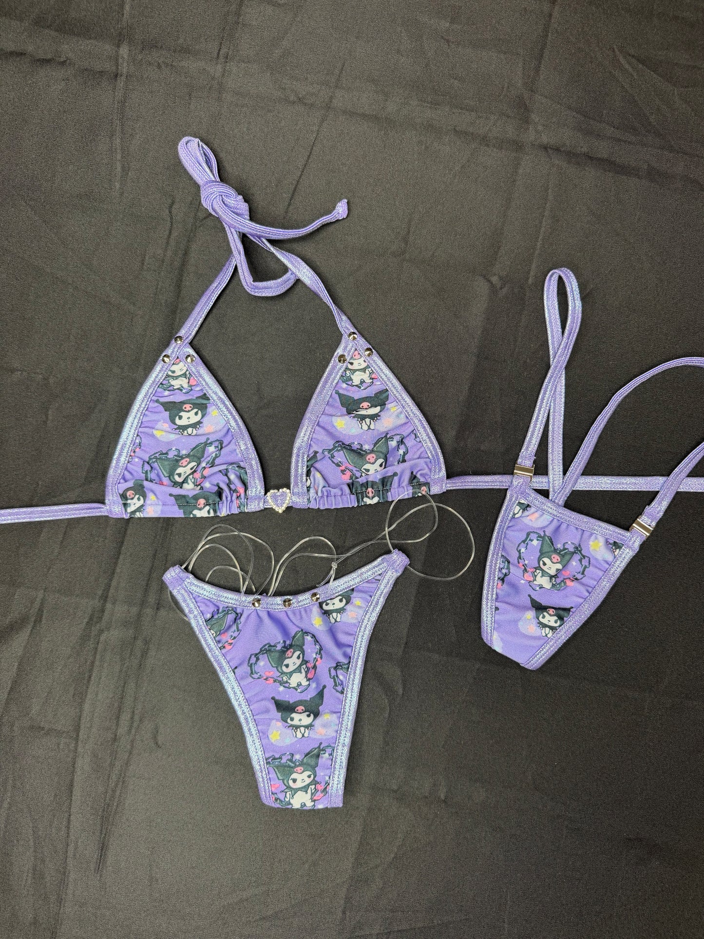 Kuromi Purple/Metallic Lavender Spandex Two-Piece Bikini Lingerie Outfit