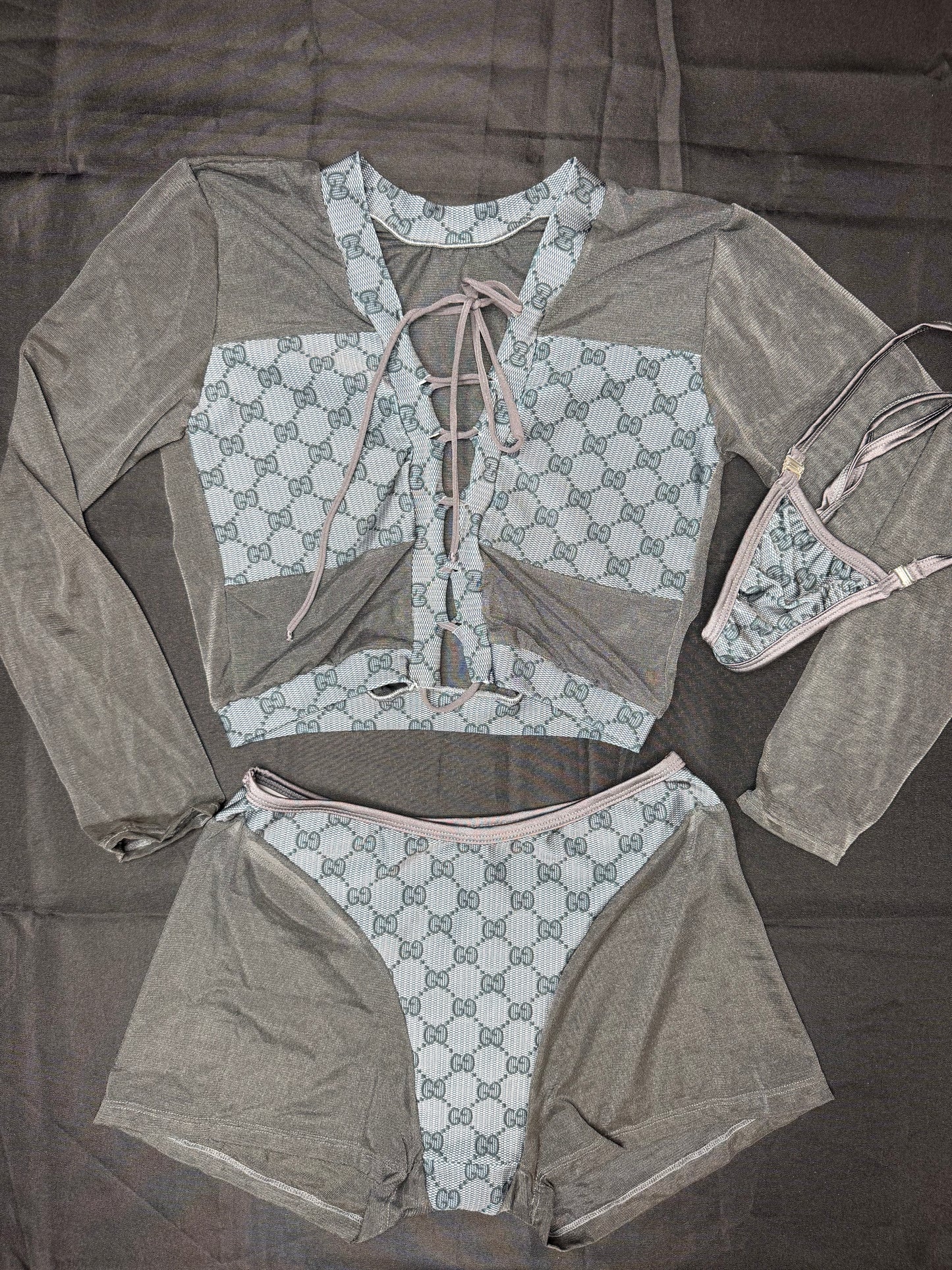 Grey Mesh/Baby Blue Designer Spandex Two-Piece Lingerie Outfit