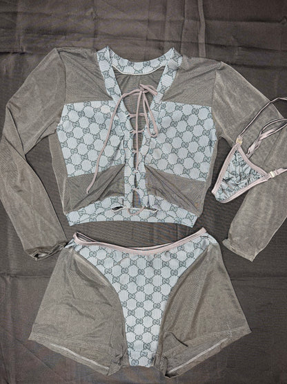 Grey Mesh/Baby Blue Designer Spandex Two-Piece Lingerie Outfit
