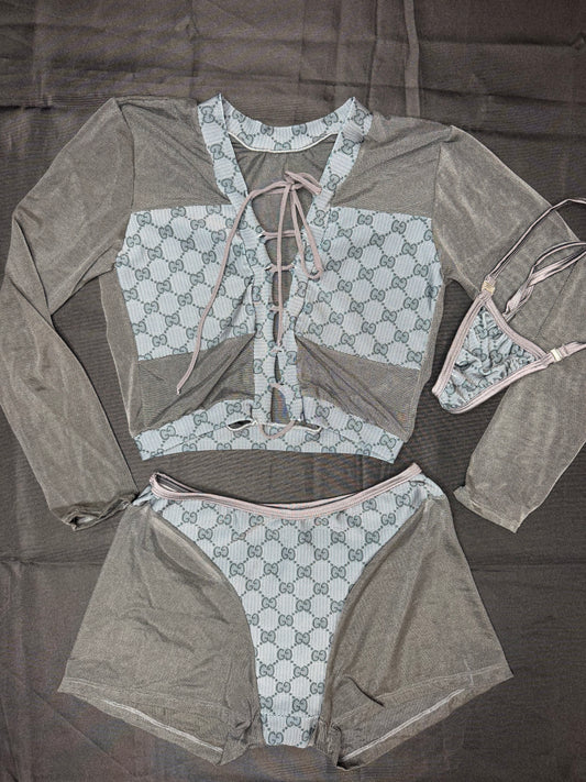 Grey Mesh/Baby Blue Designer Spandex Two-Piece Lingerie Outfit