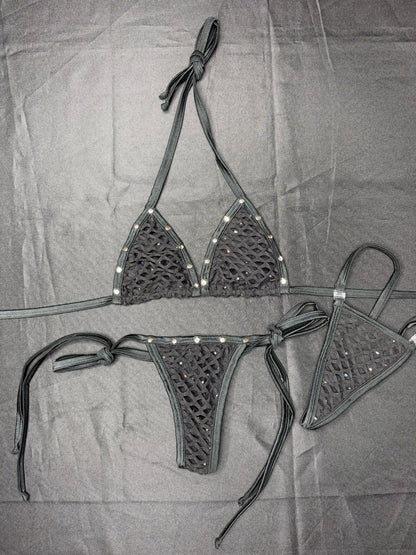Black Mesh/Fishnet Spandex Two-Piece Bikini Lingerie Outfit
