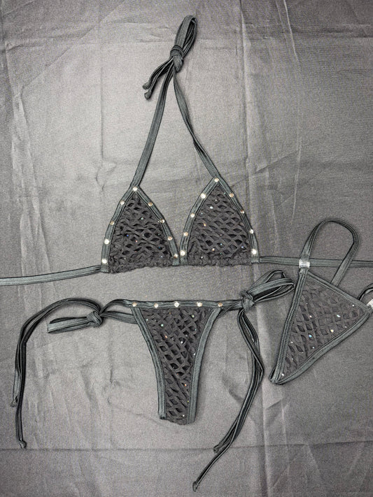 Black Mesh/Fishnet Spandex Two-Piece Bikini Lingerie Outfit