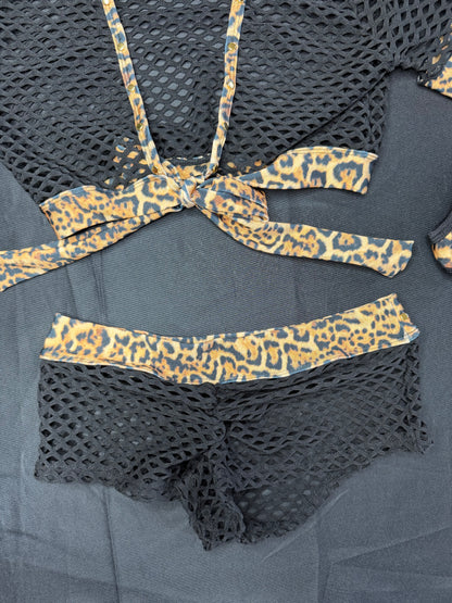 Black Fishnet/Cheetah Animal Print Short Sleeve Top/Shorts Two-Piece Lingerie Outfit