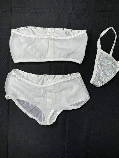 Metallic Silver/White Mesh Two-Piece Exotic Dancer Outfit