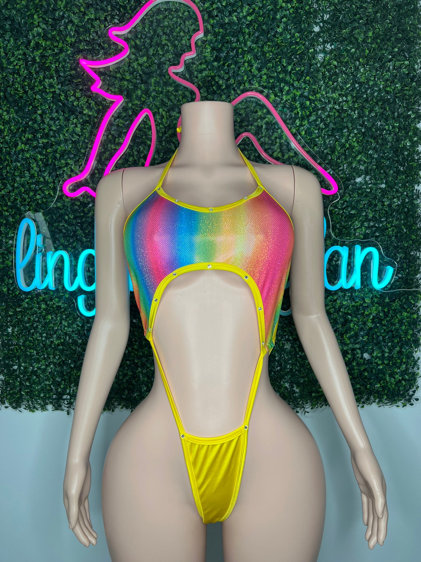 Neon Yellow/Holographic Rainbow Print Sling-Shot One-Piece Lingerie Outfit