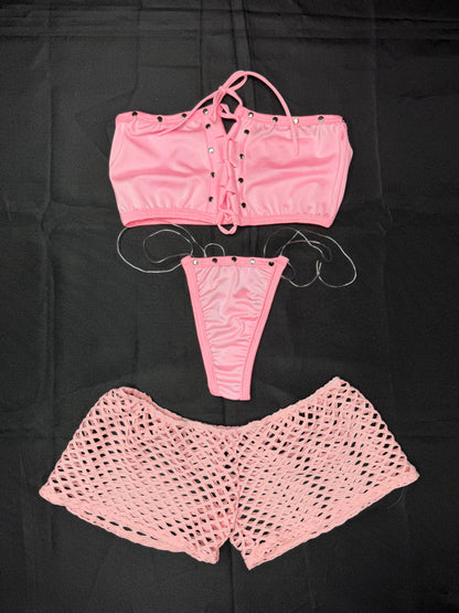Pink Spandex Tube-Top Spandex Three-Piece Shorts Lingerie Outfit