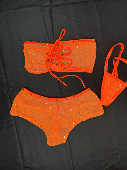 Orange Mesh Tube Top/Shorts Two-Piece Lingerie Outfit