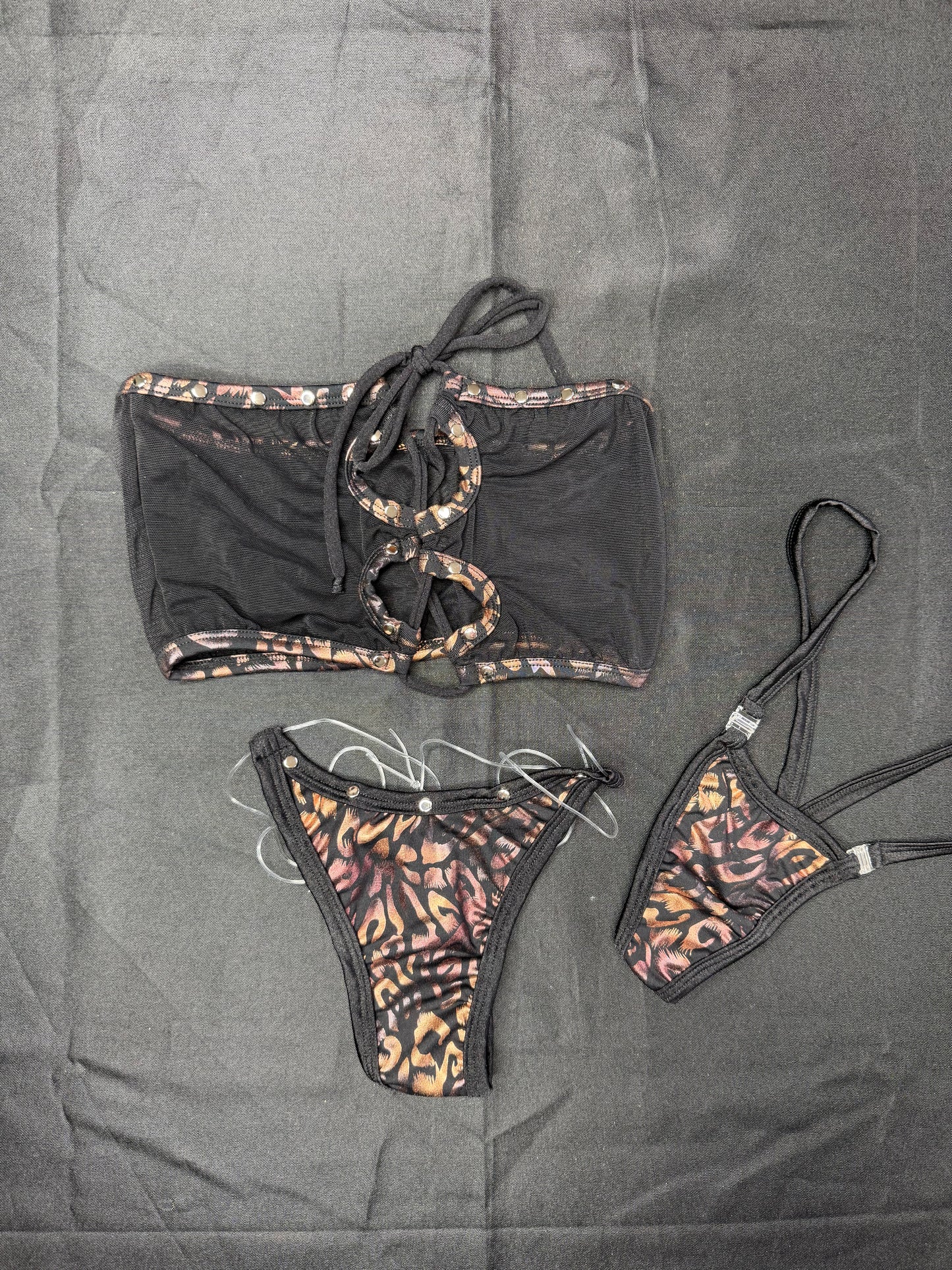 Black Mesh/Cheetah Print Spandex Two-Piece Tube Top Bikini Lingerie Outfit