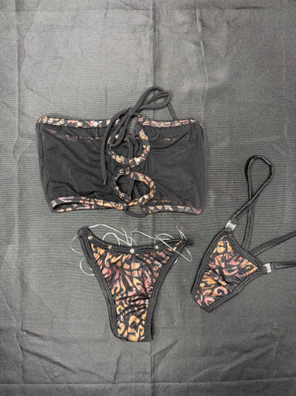 Black Mesh/Cheetah Print Spandex Two-Piece Tube Top Bikini Lingerie Outfit