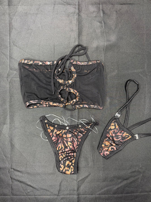 Black Mesh/Cheetah Print Spandex Two-Piece Tube Top Bikini Lingerie Outfit