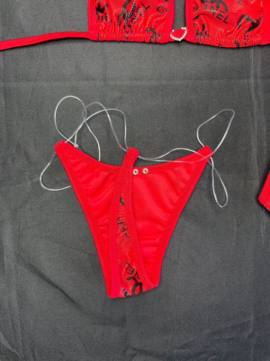 Red Designer Spandex Two-Piece Bikini Lingerie Outfit