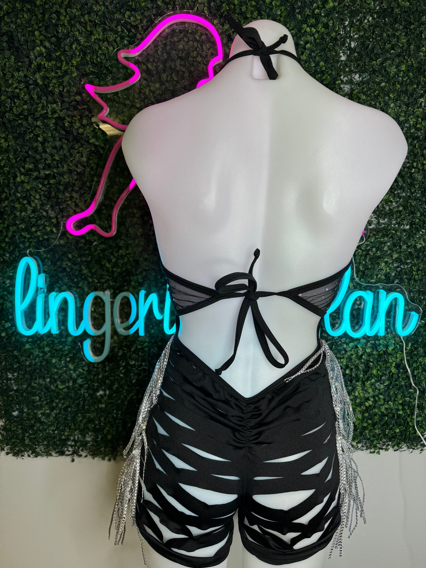 Black/Silver Sparkle Mesh One-Piece Stripper Outfit