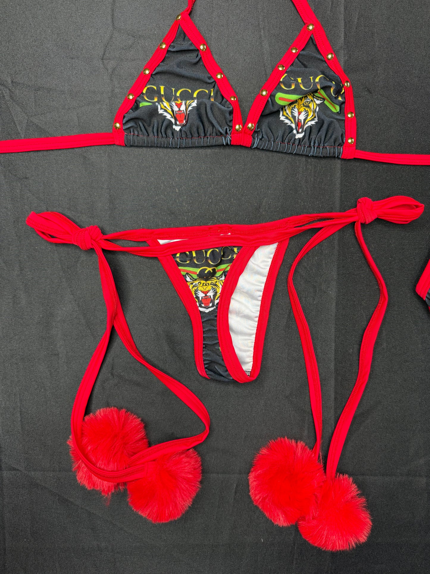 Red/Black Designer Spandex Two-Piece Pom Pom Bikini Lingerie Outfit