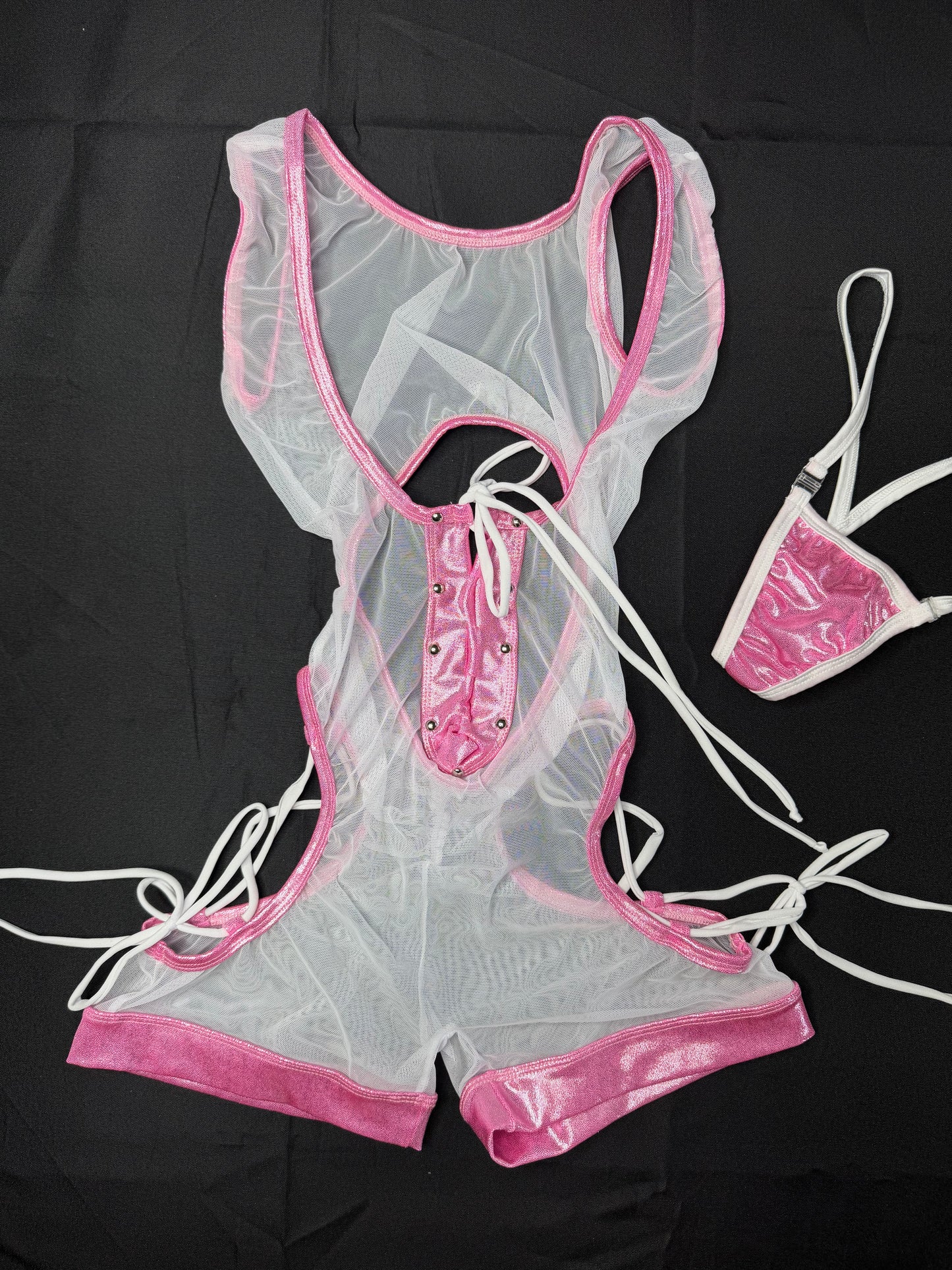 Metallic Baby Pink Spandex/White Mesh Romper Lingerie Outfit