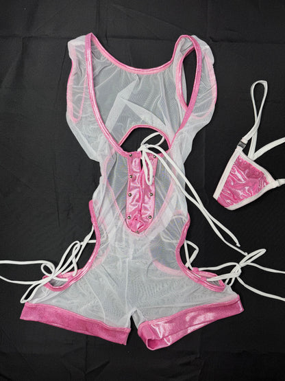 Metallic Baby Pink Spandex/White Mesh Romper Lingerie Outfit