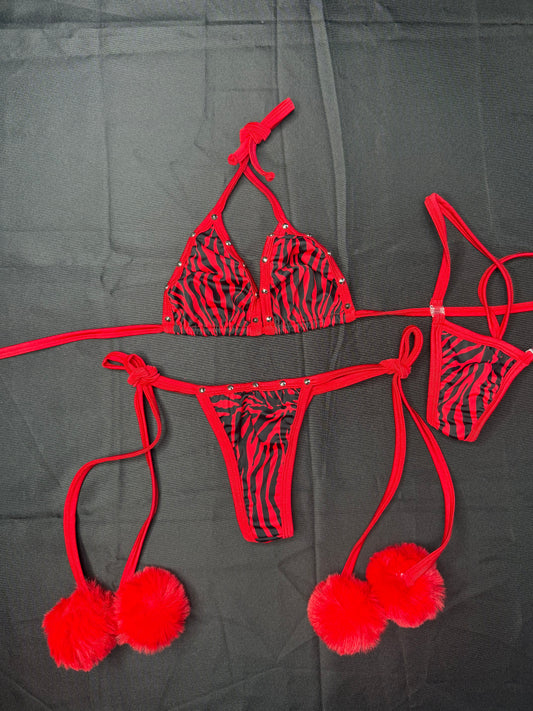 Red Animal Print Spandex Two-Piece Pom Pom Side-Tie Bikini Lingerie Outfit