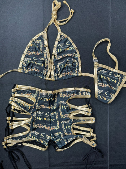 Black/Gold Henny Two-Piece Shorts Two-Piece Exotic Dancer Outfit