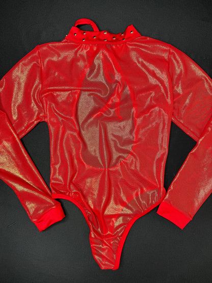 Red Metallic Mesh Leotard One-Piece Bikini Top Lingerie Outfit