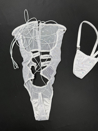 White Sparkle Mesh One-Piece Lingerie Outfit