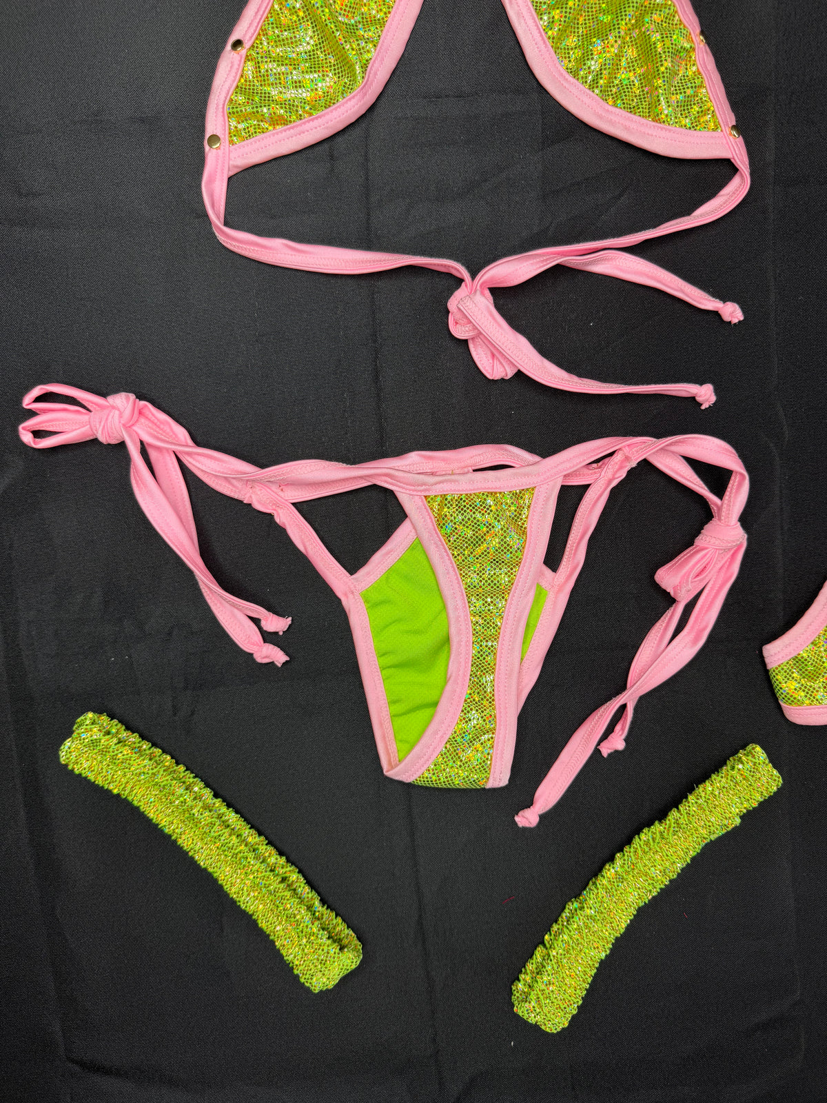 Metallic Lime Green/Baby Pink Spandex Two-Piece Bikini Garters Lingerie Outfit