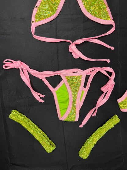Metallic Lime Green/Baby Pink Spandex Two-Piece Bikini Garters Lingerie Outfit
