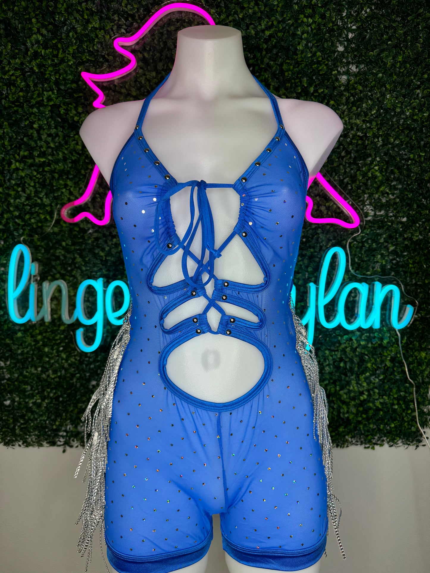 Royal Blue Mesh/Stretch Fabric Chrome Fringe Romper