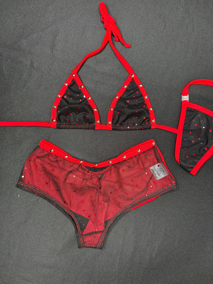 Black/Red Mesh/Red Spandex Two-Piece Bikini Top/Shorts Lingerie Outfit