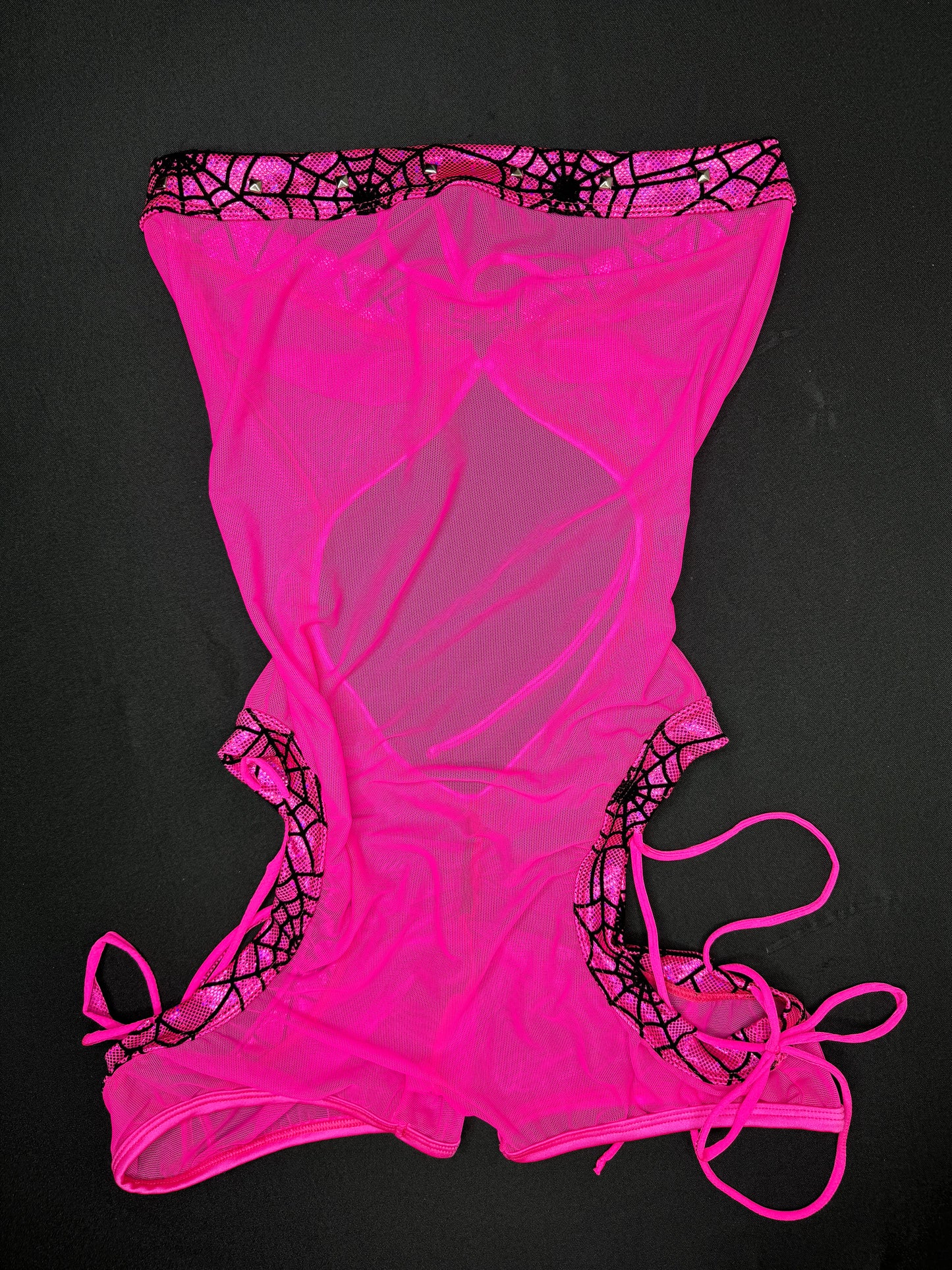 Hot Pink Web/Mesh One-Piece Romper/Cheeky Thong Lingerie Outfit