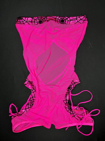 Hot Pink Web/Mesh One-Piece Romper/Cheeky Thong Lingerie Outfit