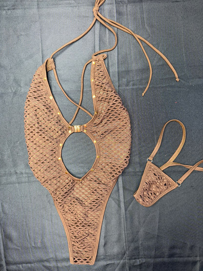 Brown Fishnet Spandex One-Piece Lingerie Outfit